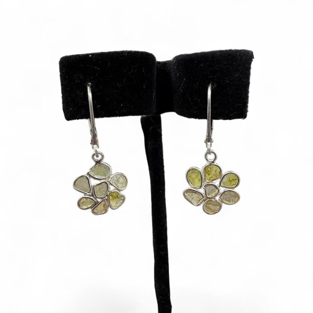 Natural Polki Diamond Daisy Flower Dangle Earrings 925 Sterling Silver